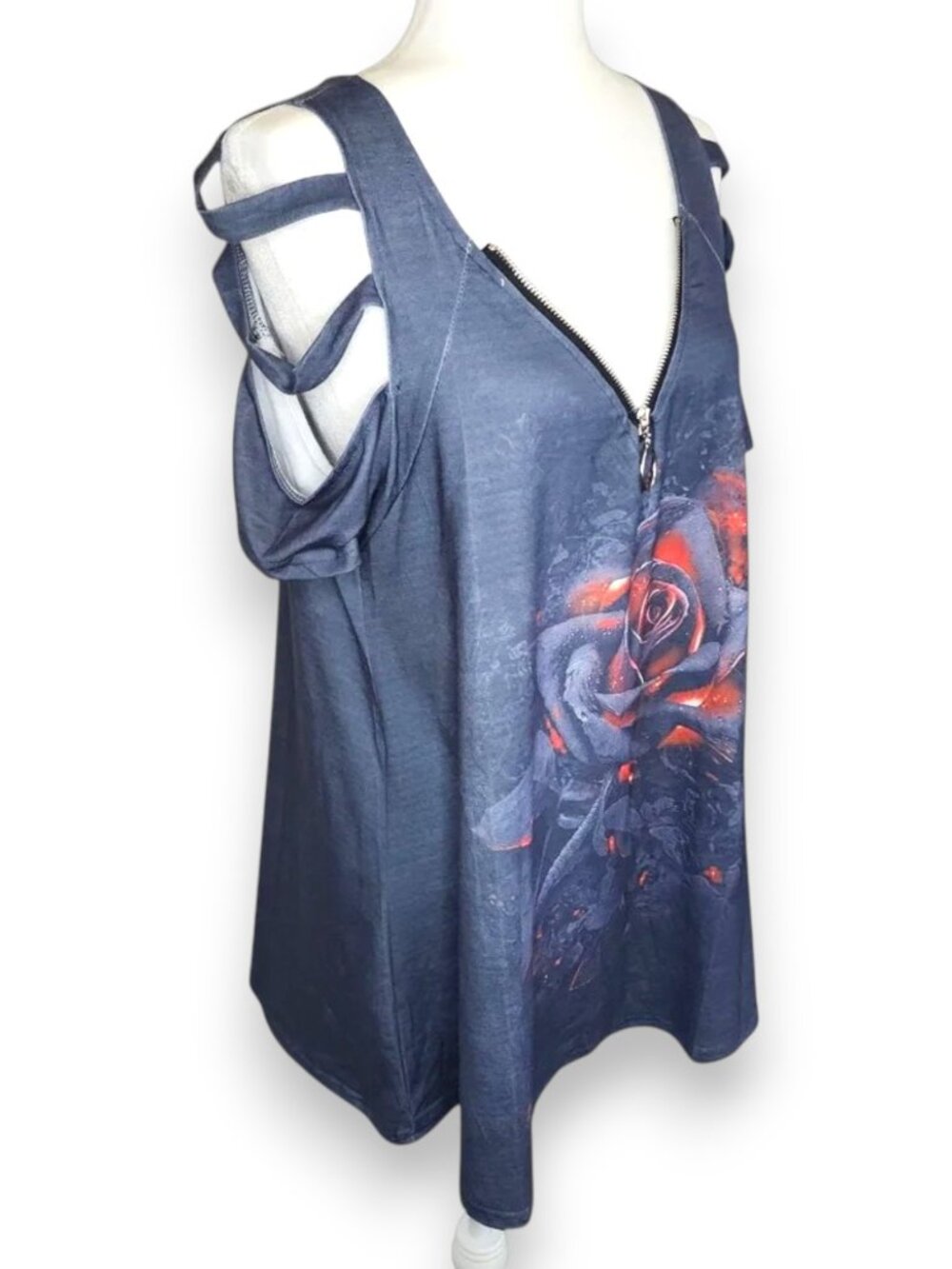 Gray Red Rose Graphic Cold Shoulder Zip Front Relaxed Y2K top Size Medium